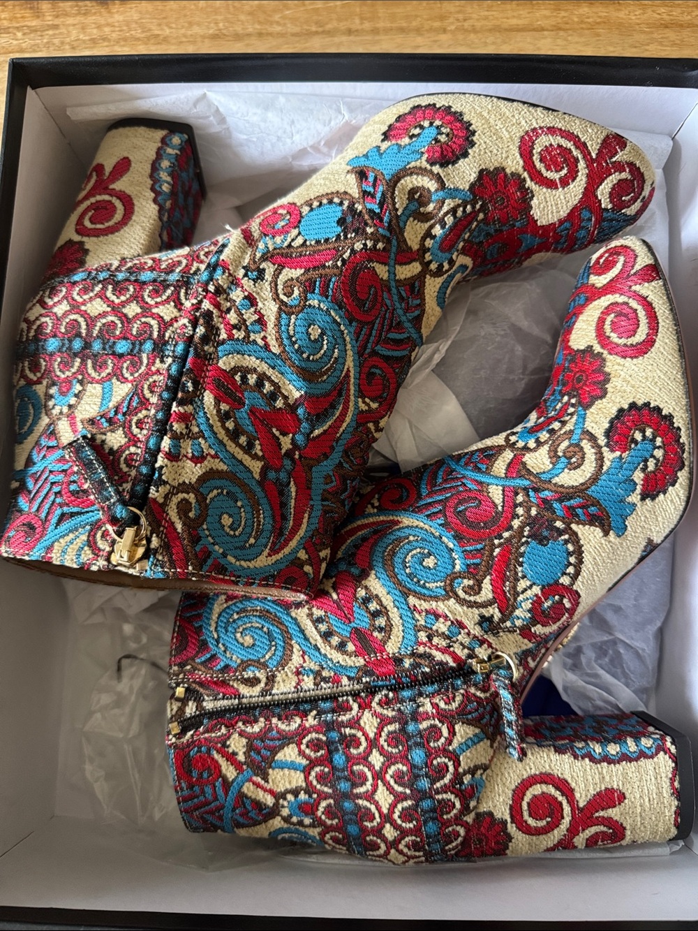 Aquazzura Brooklyn Bootie 85 Paisley Embroidered Ankle Boots Kazakh Tapestry NEW